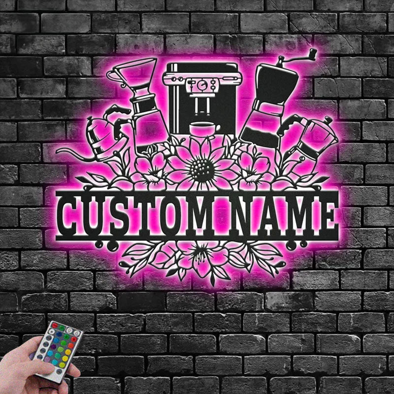 Personalized Coffee Maker Frame Metal Wall Signs With RGB Led Light