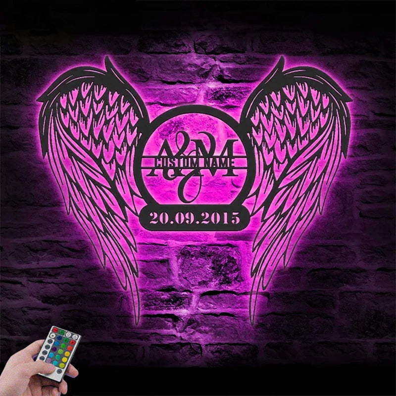 Personalized Couple Angel Wings Name Date Metal Wall Signs With RGB Led Light