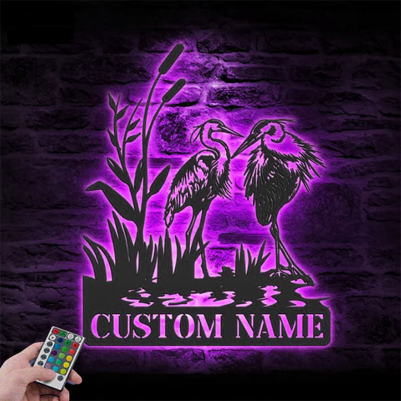 Personalized Couple Heron Bird Metal Wall Signs With RGB Led Light