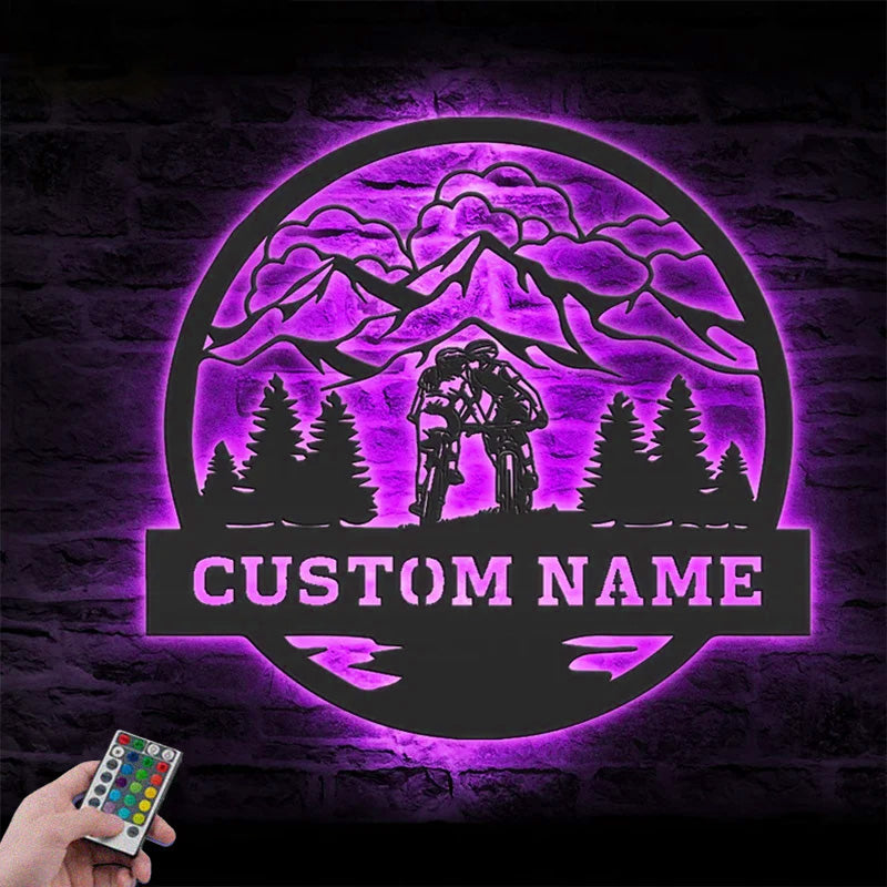 Personalized Couple Kiss Mountain Bike Metal Wall Signs With RGB Led Light
