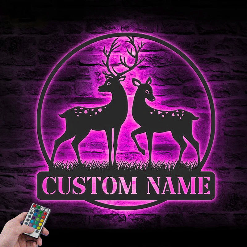 Personalized Couple Reindeer Deer Hunting Metal Wall Signs With RGB Led Light