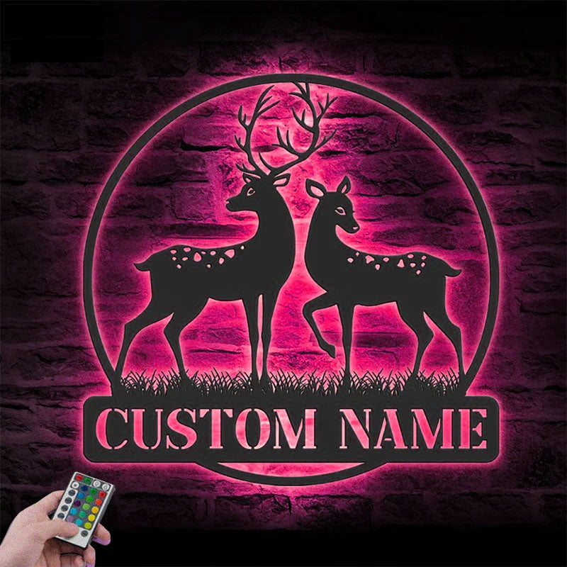 Personalized Couple Reindeer Deer Hunting, Metal Wall Signs With RGB Led Light