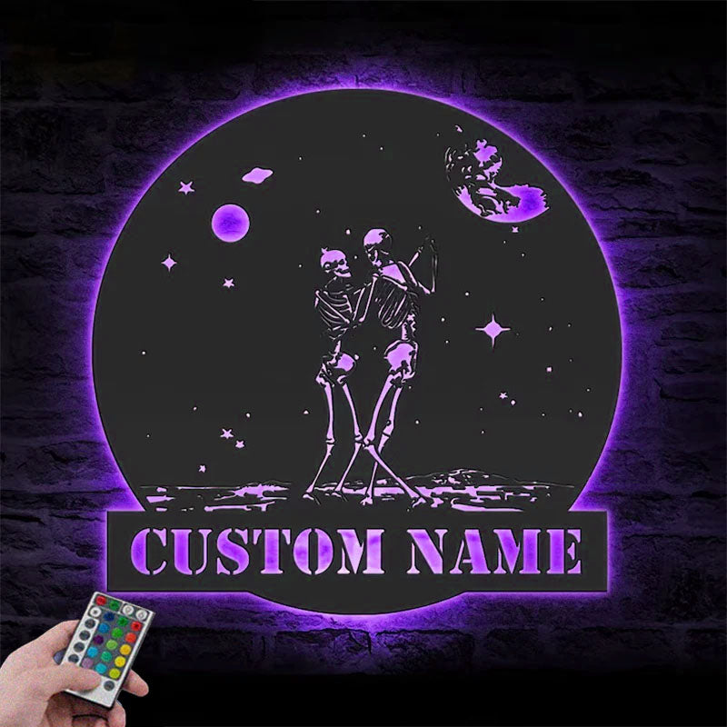 Personalized Couple Skeleton Dance On The Moon Metal Wall Signs With RGB Led Light