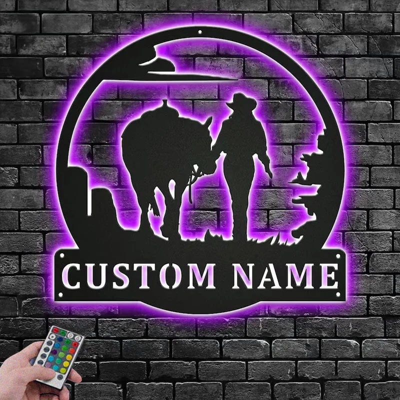 Personalized Cowgirl Walking With Horse Metal Wall Signs With RGB Led Light