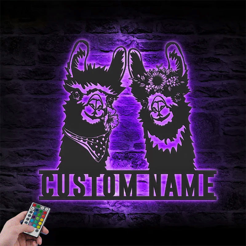 Personalized Cute Couple Alpaca Llama Love Metal Wall Signs With RGB Led Light