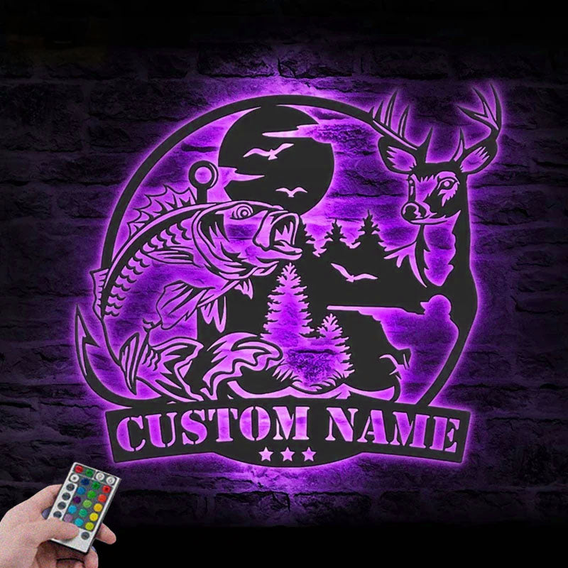 Personalized Deer And Fishing Metal Wall Signs With RGB Led Light