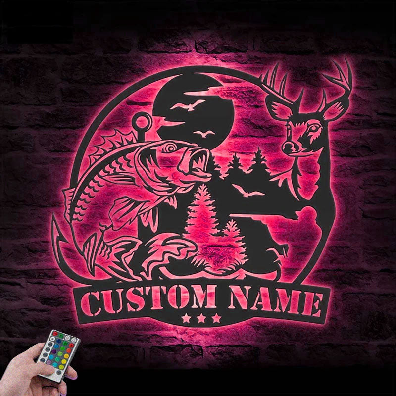 Personalized Deer And Fishing, Metal Wall Signs With RGB Led Light