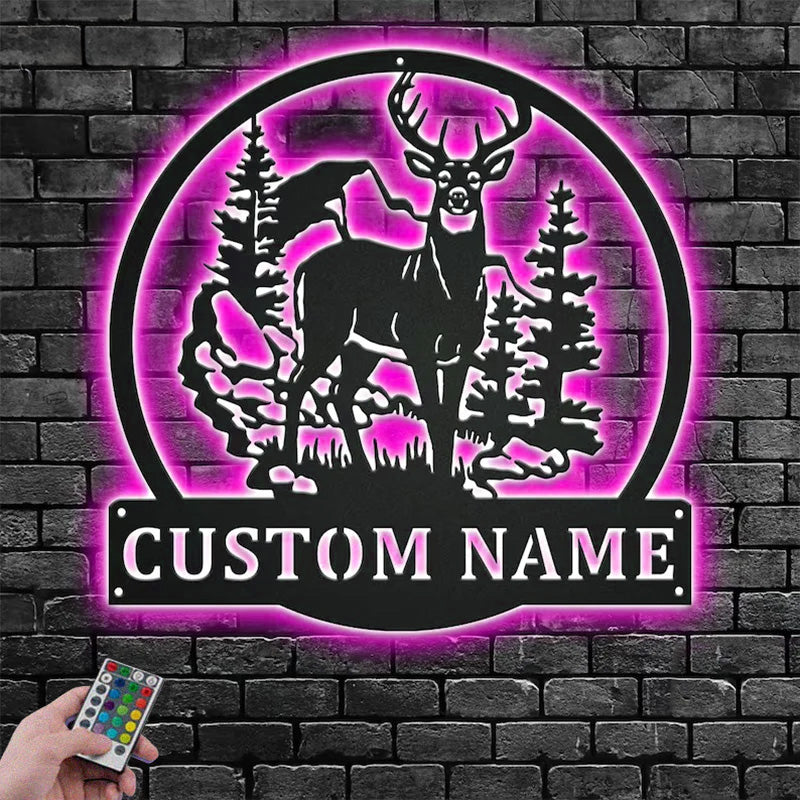 Personalized Deer And Mountain Metal Wall Signs With RGB Led Light