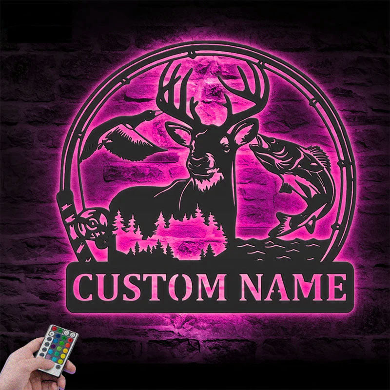 Personalized Deer Duck And Bass Fishing, Metal Wall Signs With RGB Led Light