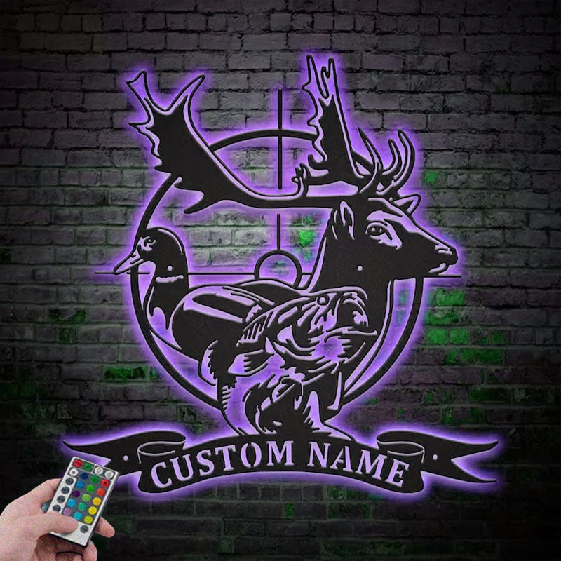 Personalized Deer Duck Fish Hunting Metal Wall Signs With RGB Led Light