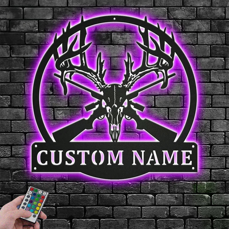 Personalized Deer Skull Hunting Metal Wall Signs With RGB Led Light