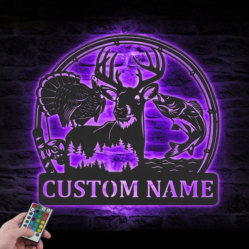 Personalized Deer Turkey And Bass Fishing Metal Wall Signs With RGB Led Light