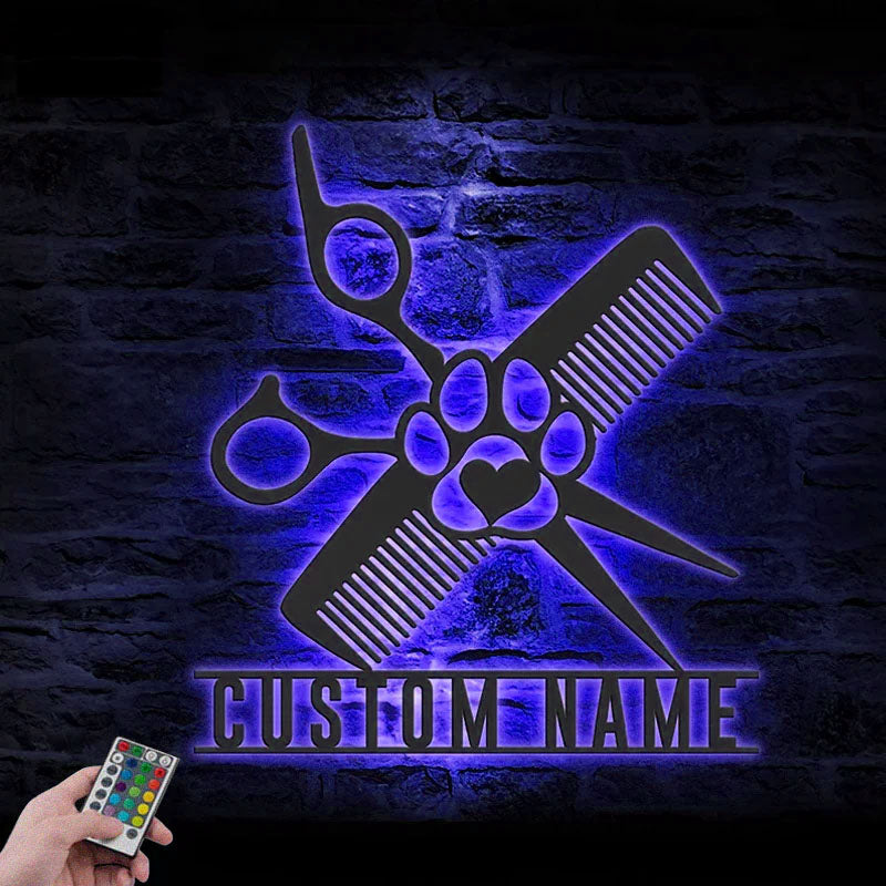 Personalized Dog Grooming Hair Salon, Metal Wall Signs With RGB Led Light
