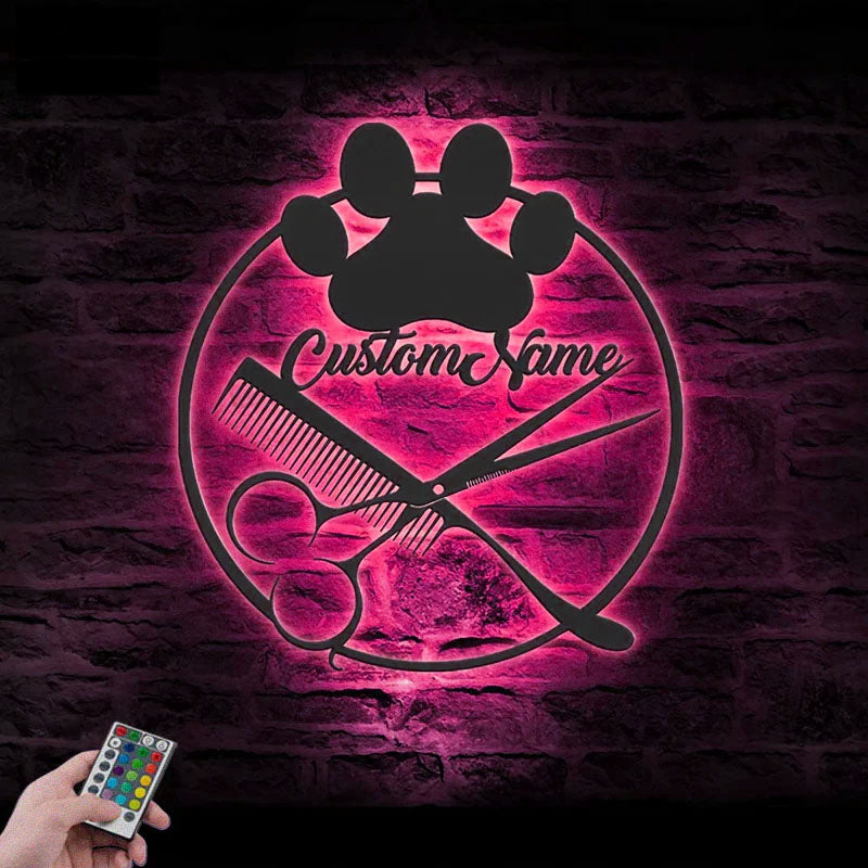 Personalized Dog Grooming Hair Salon, Metal Wall Signs With RGB Led Light