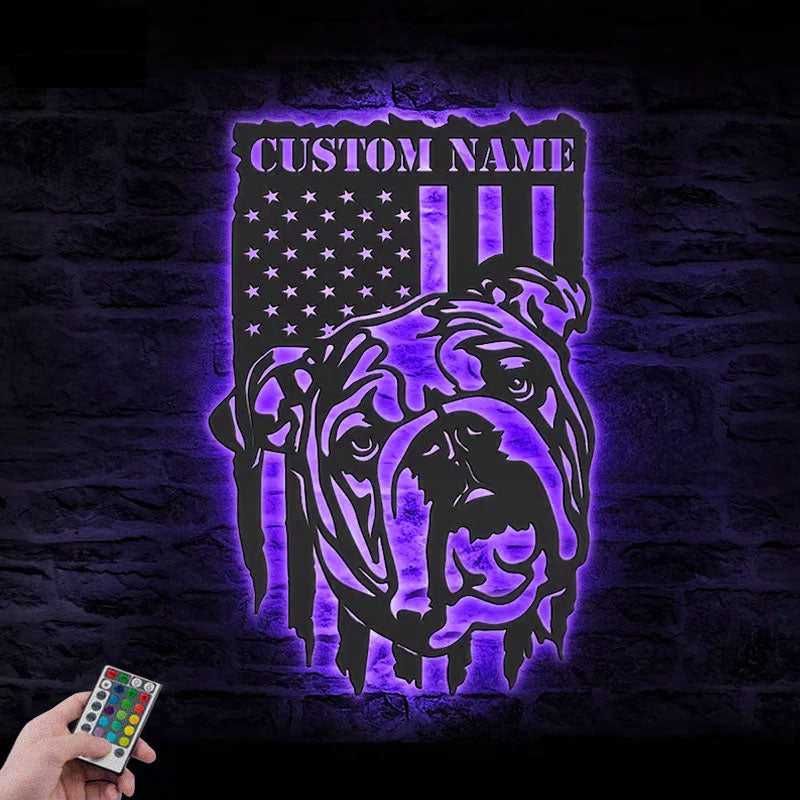 Personalized English Bulldog US Flag, Metal Wall Signs With RGB Led Light