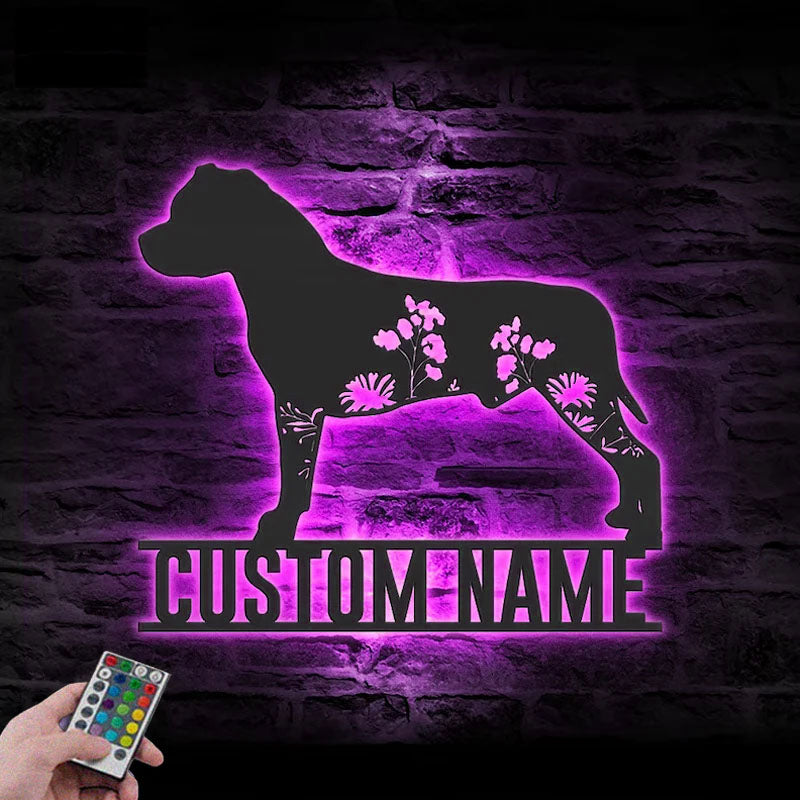 Personalized FLoral American Staffordshire Terrier Metal Wall Signs With RGB Led Light