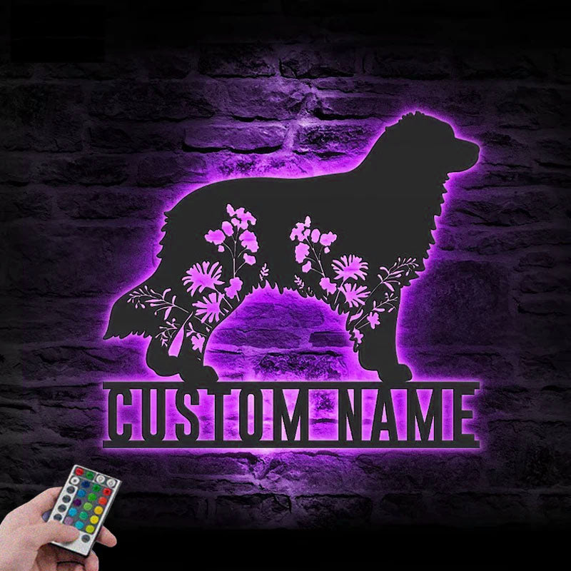 Personalized FLoral Australian Shepherd Metal Wall Signs With RGB Led Light