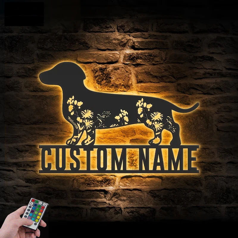Personalized FLoral Dachshunds Metal Wall Art LED Light, Metal Wall Signs With RGB Led Light