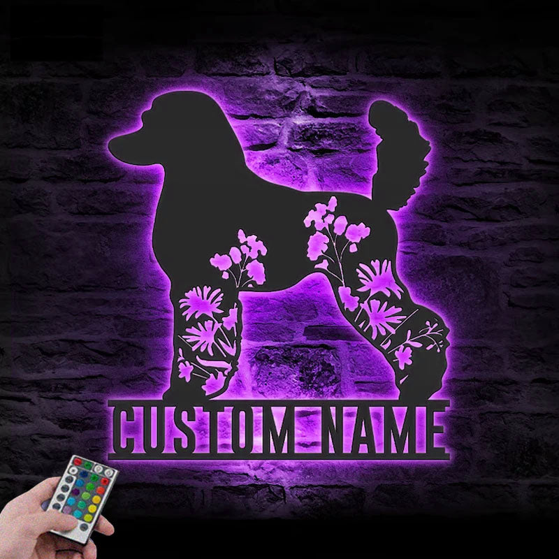 Personalized FLoral Poodle Metal Wall Signs With RGB Led Light