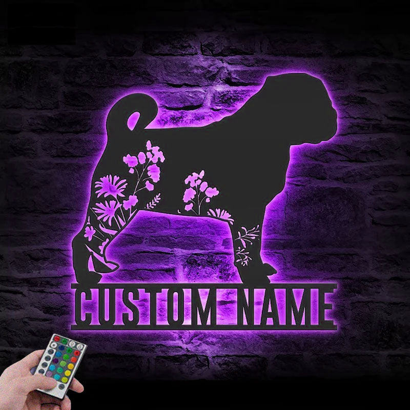 Personalized FLoral Pug, Metal Wall Signs With RGB Led Light