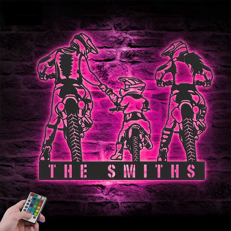 Personalized Family Motocross Biker, Metal Wall Signs With RGB Led Light