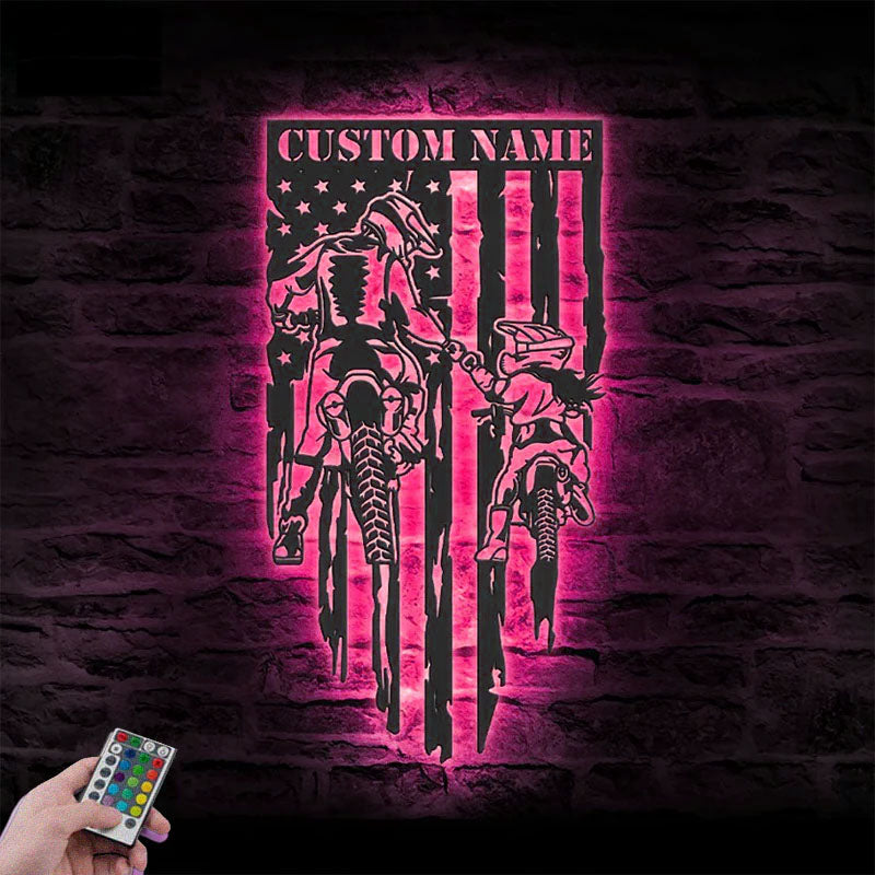 Personalized Father Daughter Motocross Biker US Flag, Metal Wall Signs With RGB Led Light