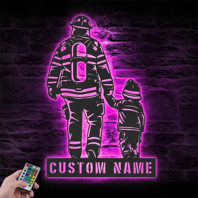 Personalized Father Son Firefighter Metal Wall Signs With RGB Led Light