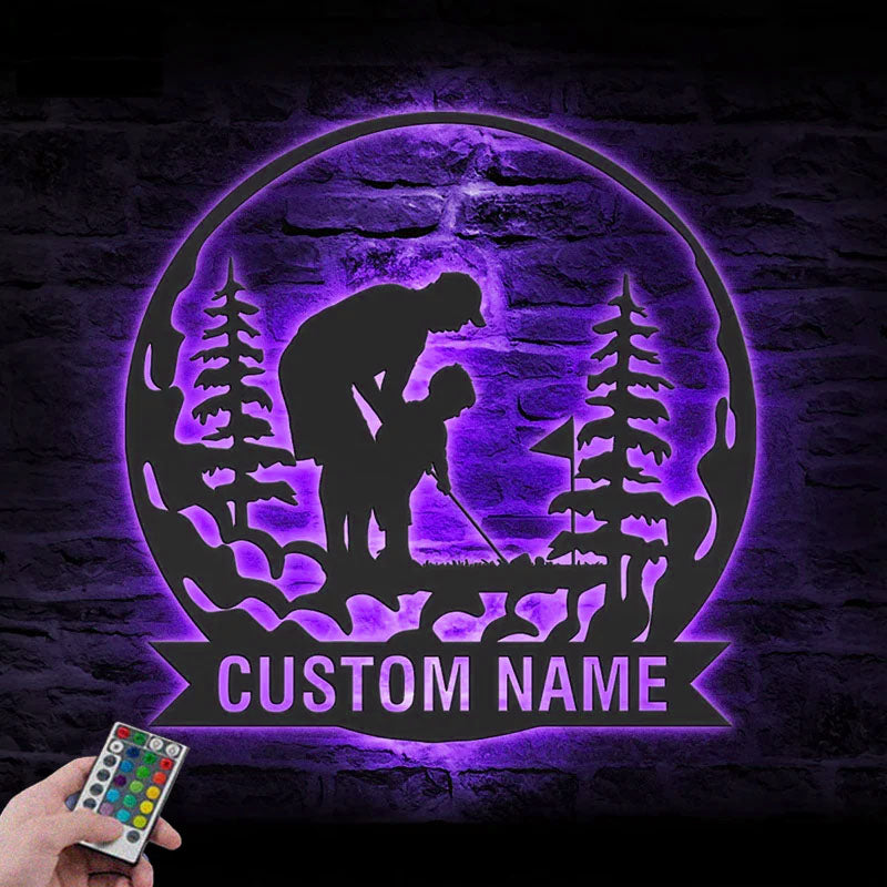 Personalized Father Son Golfing Metal Wall Art LED Light, Metal Wall Signs With RGB Led Light