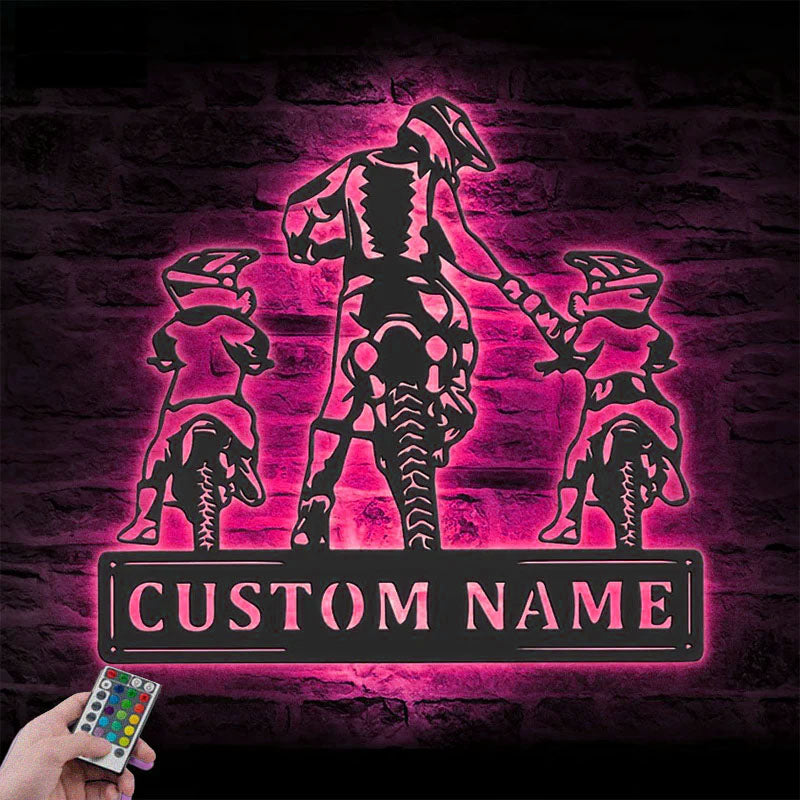 Personalized Father Son Motocross Biker, Metal Wall Signs With RGB Led Light