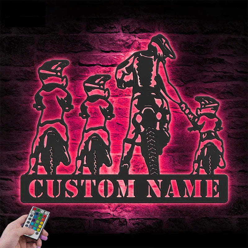 Personalized Father Son Motocross Biker, Metal Wall Signs With RGB Led Light