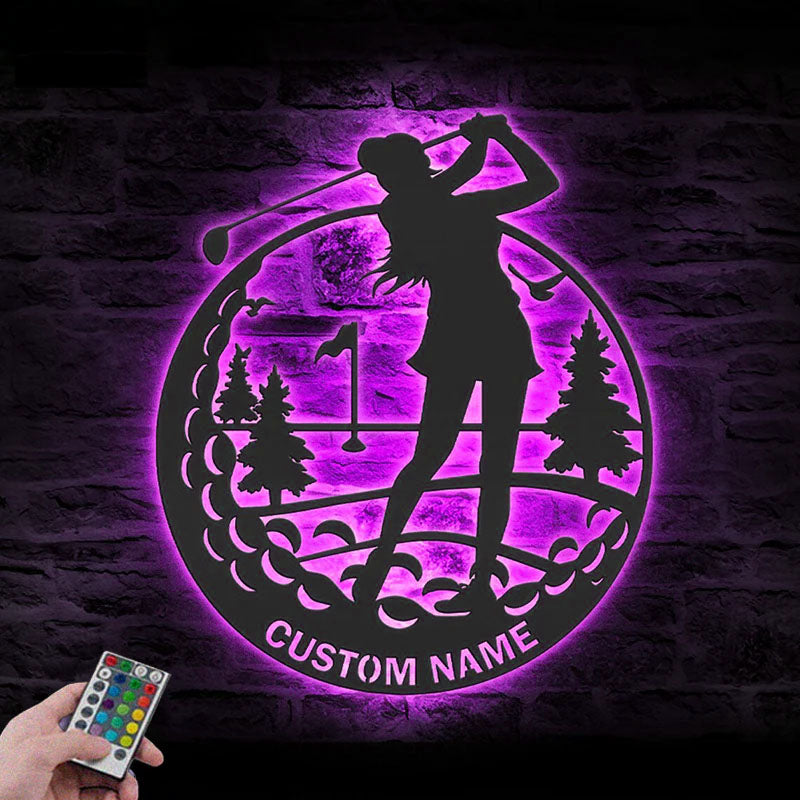 Personalized Female Golfing Metal Wall Signs With RGB Led Light