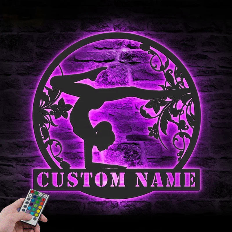 Personalized Female Gymnastics, Name Sign Home Decor Tumbling Cheerleading Fitness Metal Wall Signs With RGB Led Light