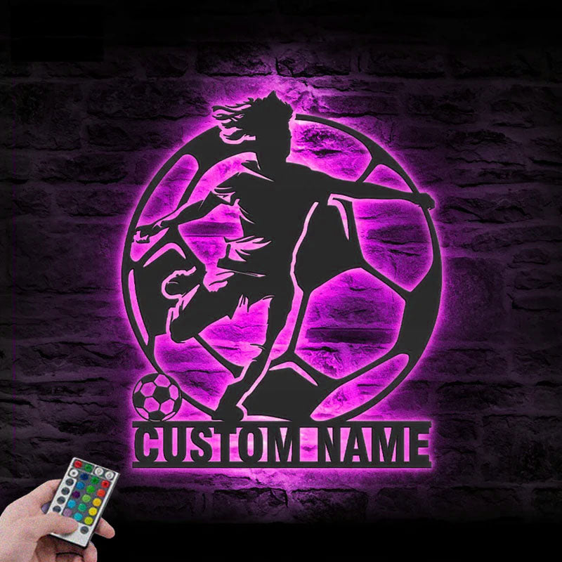 Personalized Female Soccer Metal Wall Signs With RGB Led Light