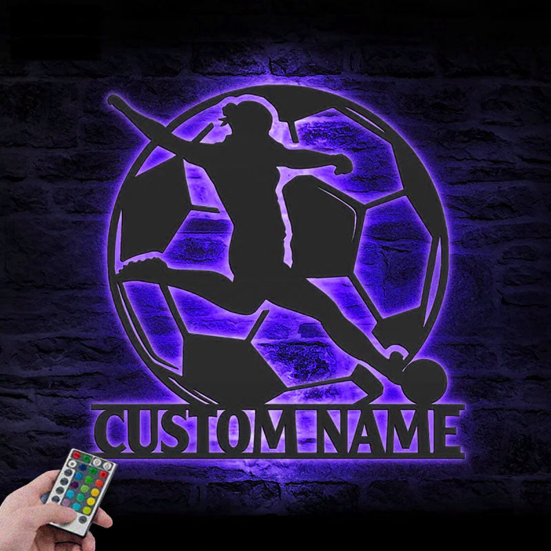 Personalized Female Soccer, Metal Wall Signs With RGB Led Light