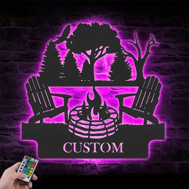 Personalized Fire Pit Lake House Metal Wall Signs With RGB Led Light