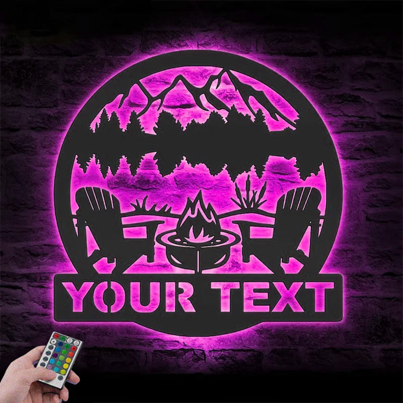 Personalized Fire Pit Lake House Metal Wall Signs With RGB Led Light