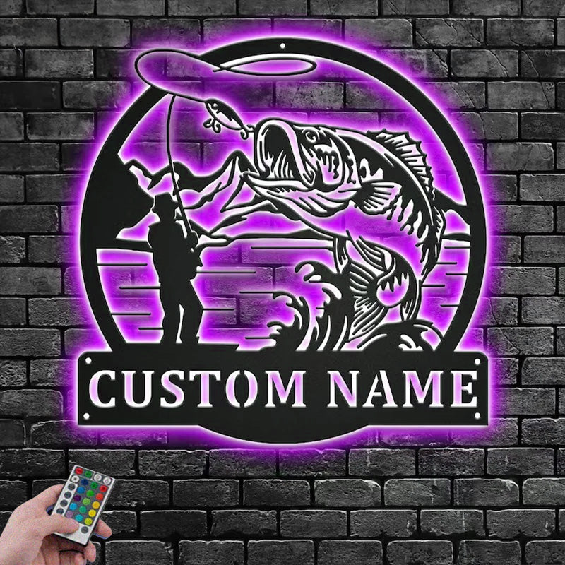 Personalized Fisherman Bass Fish Metal Wall Signs With RGB Led Light