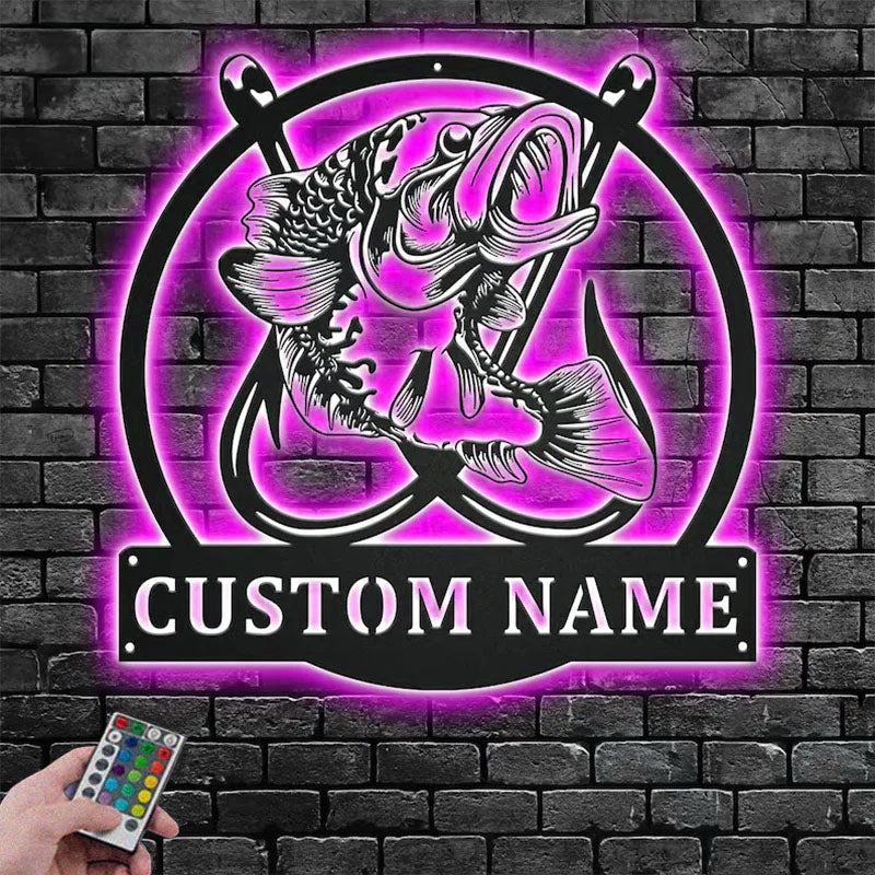 Personalized Fishing Hooks Metal Wall Signs With RGB Led Light