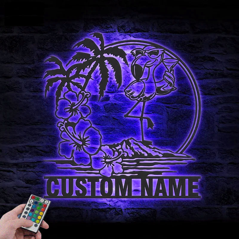 Personalized Flamingo Sunglass Hawaiian Flower Scene, Metal Wall Signs With RGB Led Light