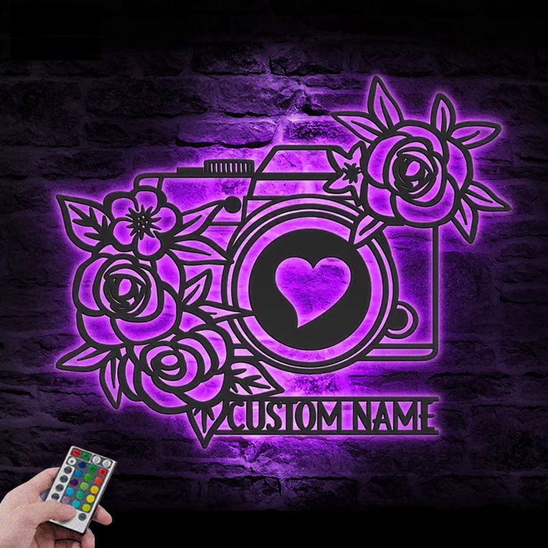 Personalized Floral Camera Photo Taking, Metal Wall Signs With RGB Led Light