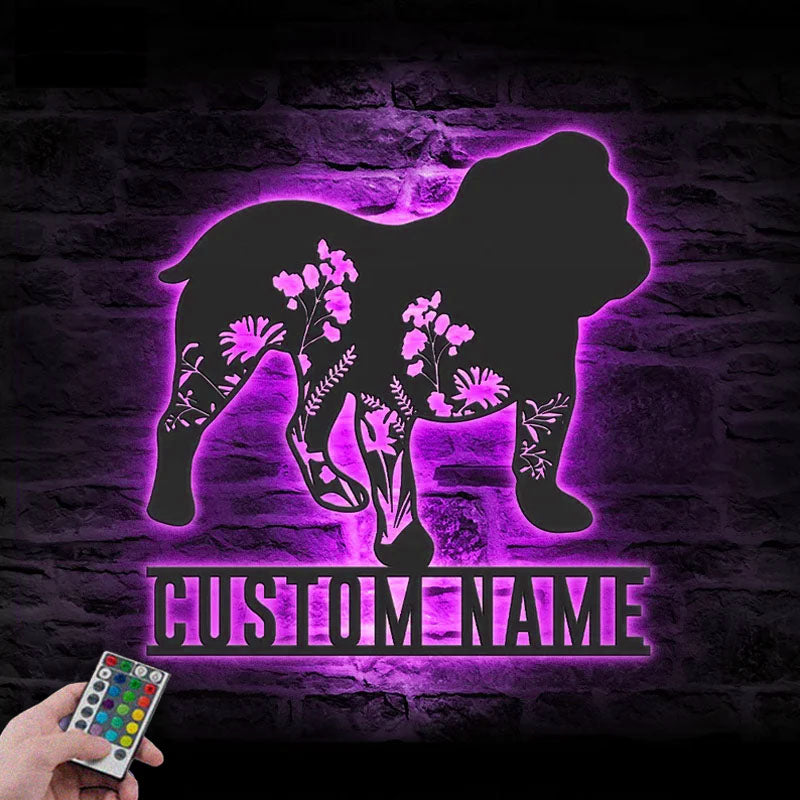 Personalized Floral English Bulldog Metal Wall Signs With RGB Led Light