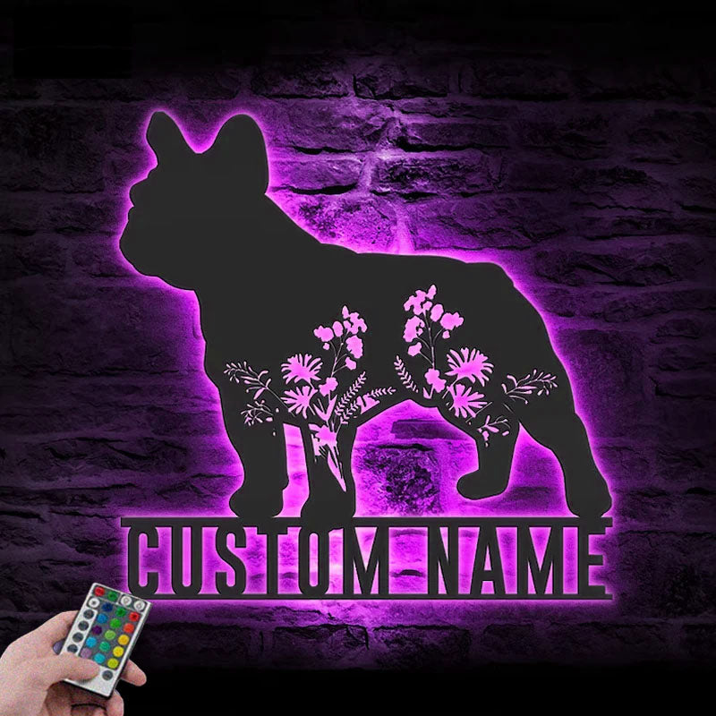 Personalized Floral French Bulldog Metal Wall Signs With RGB Led Light
