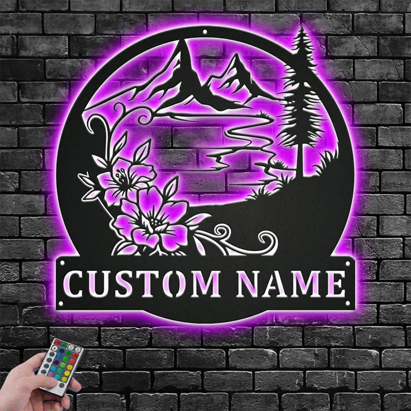 Personalized Floral Lake Scene Metal Wall Signs With RGB Led Light