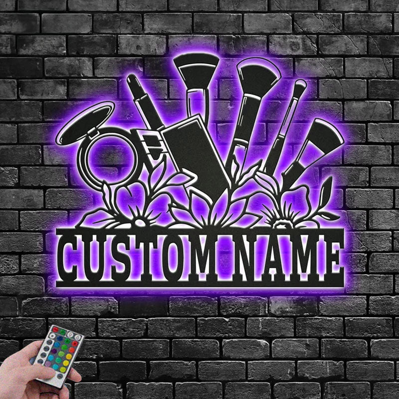Personalized Floral Makeup Tools Metal Wall Signs With RGB Led Light