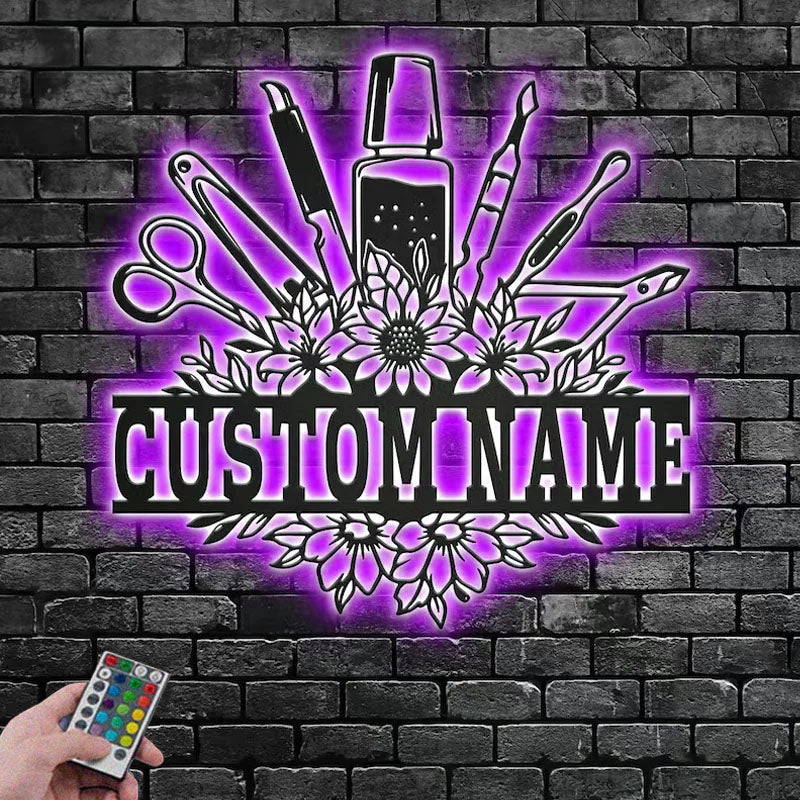 Personalized Floral Nail Tools Metal Wall Signs With RGB Led Light