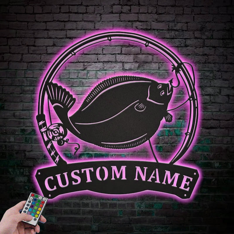 Personalized Flounder Fishing Fish Pole Metal Wall Signs With RGB Led Light