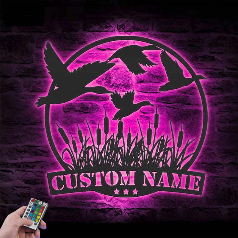 Personalized Flying Mallard Duck Hunting, Metal Wall Signs With RGB Led Light