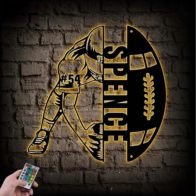 Personalized Football Player Metal Sign, Metal Wall Signs With RGB Led Light