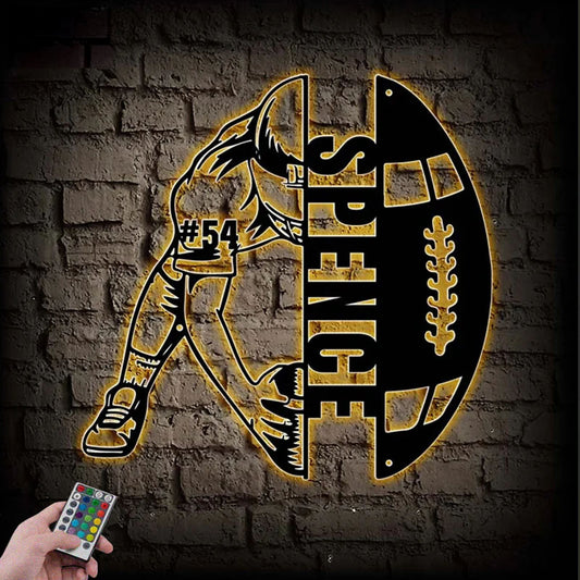 Personalized Football Player Metal Sign, Metal Wall Signs With RGB Led Light