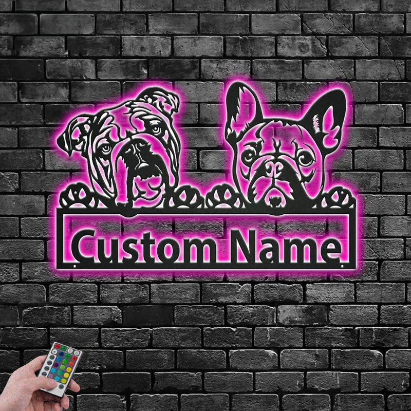 Personalized French Bulldog And English Bulldog, Metal Wall Signs With RGB Led Light